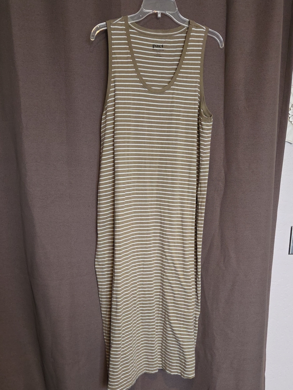 Pact Organic Cotton Olive & White Striped Tank Maxi Dress Size L